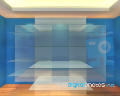 Glass Shelves In Blue Empty Room Stock Image