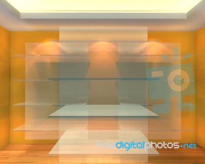 Glass Shelves In Orange Empty Room Stock Image