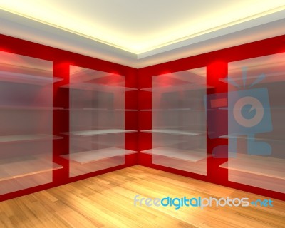 Glass Shelves In Red Empty Room Stock Image