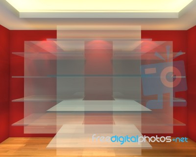 Glass Shelves In Red Empty Room Stock Image