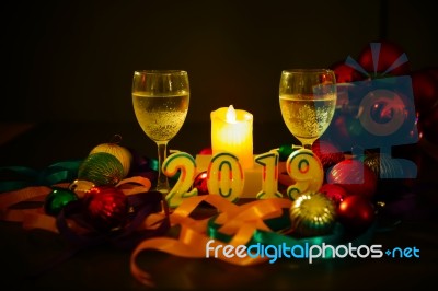 Glasses Of Champagne And New Year Decorations Stock Photo