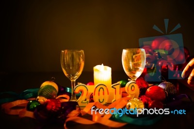 Glasses Of Champagne And New Year Decorations Stock Photo