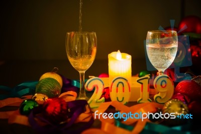 Glasses Of Champagne And New Year Decorations Stock Photo