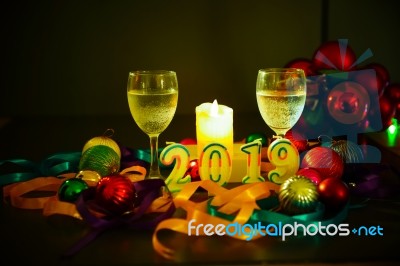 Glasses Of Champagne And New Year Decorations Stock Photo