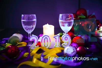 Glasses Of Champagne And New Year Decorations Stock Photo