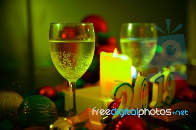 Glasses Of Champagne And New Year Decorations Stock Photo