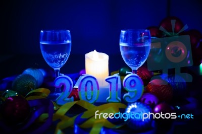 Glasses Of Champagne And New Year Decorations Stock Photo