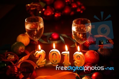 Glasses Of Champagne And New Year Decorations Stock Photo