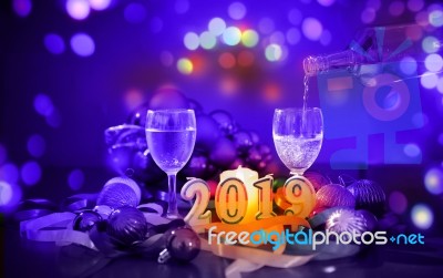 Glasses Of Champagne And New Year Decorations Stock Photo