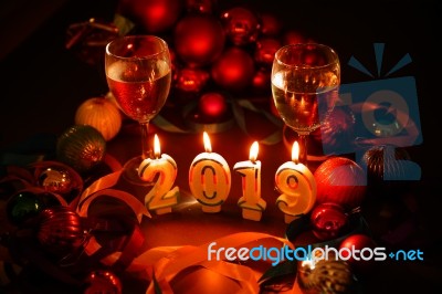 Glasses Of Champagne And New Year Decorations Stock Photo