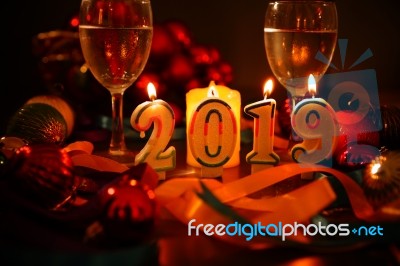 Glasses Of Champagne And New Year Decorations Stock Photo