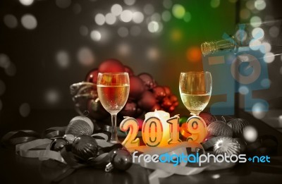 Glasses Of Champagne And New Year Decorations Stock Photo