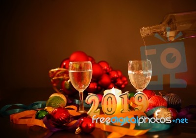 Glasses Of Champagne And New Year Decorations Stock Photo