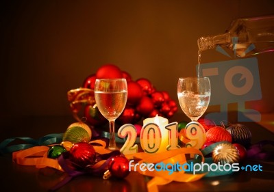 Glasses Of Champagne And New Year Decorations Stock Photo