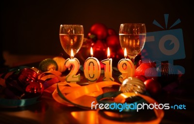 Glasses Of Champagne And New Year Decorations Stock Photo