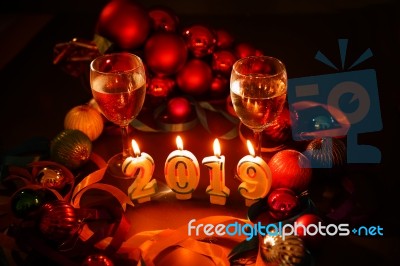 Glasses Of Champagne And New Year Decorations Stock Photo