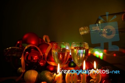 Glasses Of Champagne And New Year Decorations Stock Photo