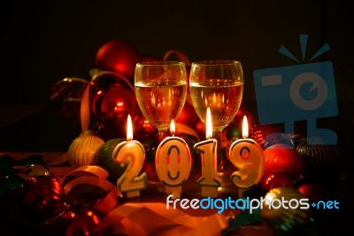 Glasses Of Champagne And New Year Decorations Stock Photo