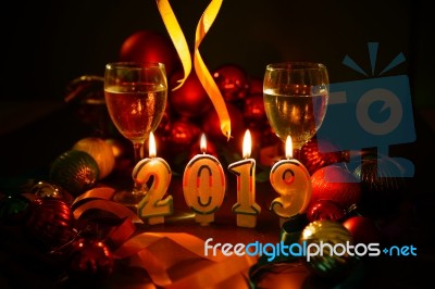 Glasses Of Champagne And New Year Decorations Stock Photo