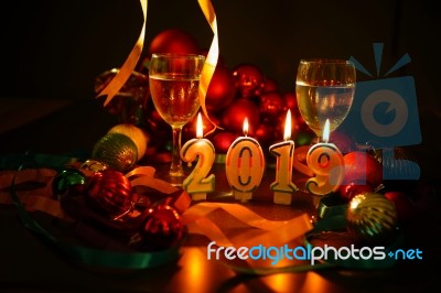 Glasses Of Champagne And New Year Decorations Stock Photo