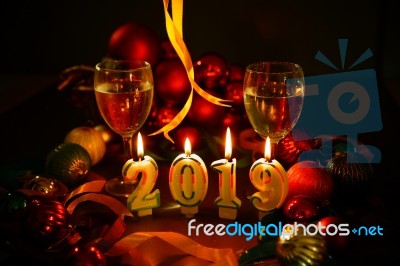 Glasses Of Champagne And New Year Decorations Stock Photo