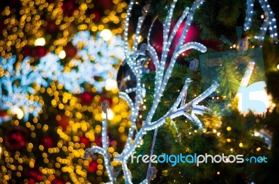 Glitter Red Ball Celebrate Christmas On Tree With Wire White Light Vignette Background Stock Photo