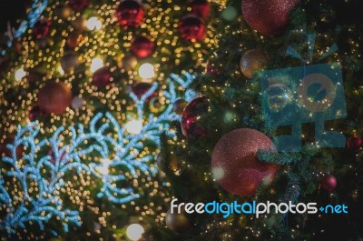 Glitter Red Ball Celebrate Christmas On Tree With Wire White Light Vignette Background Stock Photo