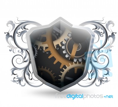 Glossy Gears On Shield Sign With Floral Pattern Stock Image