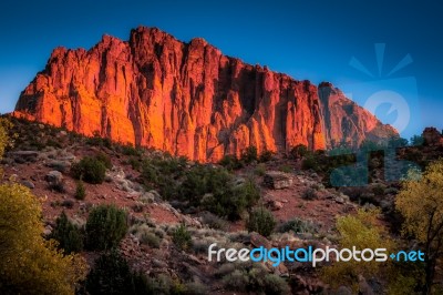 Glowing Rockface At Sunset In Zion National Park Stock Photo