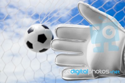 Goalkeeper's Hands Fail Catching The Soccer Ball With Net And Bl… Stock Photo