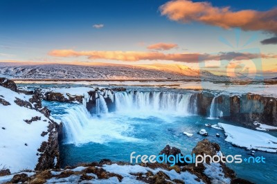 Godafoss Waterfall At Sunset In Winter, Iceland Stock Photo