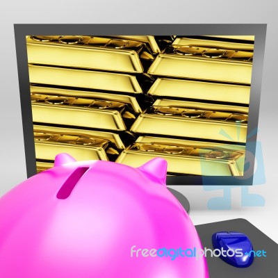 Gold Bars Screen Shows Shiny Valuable Treasure Stock Image