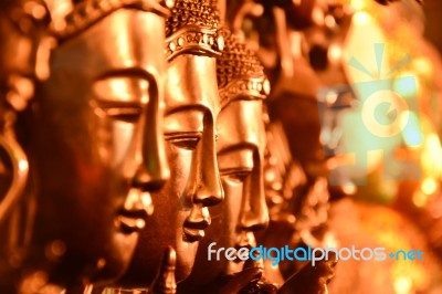 Gold Buddha Head Arranged Selective Focus Stock Photo