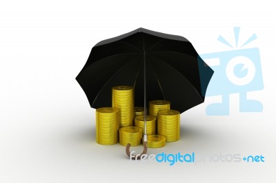 Gold Coins Under A Black Umbrella Stock Image