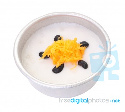 Gold Egg Yolk Threads And Black Bean Top Coconut Sticky Rice Cup On White Background Stock Photo