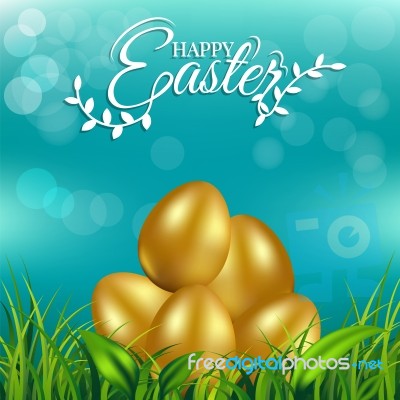 Gold Eggs On Fresh Spring Grass For Easter Day Greeting Card Stock Image