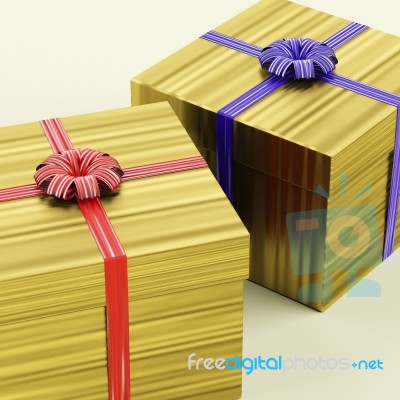 Gold Gift Boxes With Ribbon Stock Image