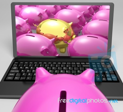 Gold Piggy Screen Shows Security And Fortune Stock Image