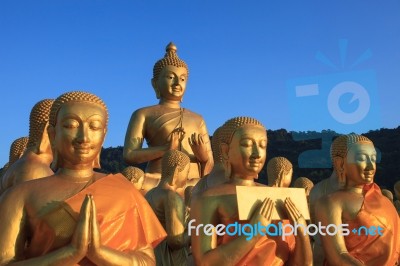 Golden Buddha Statue In Temple With Beautiful Morning Light Agai… Stock Photo