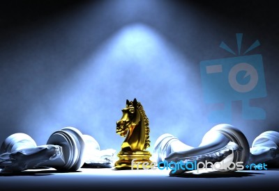 Golden Chess Knight Standing At The Center Of Spotlight Among White Chess Knight Falling Down, Business Success And Leadership Concept Stock Image