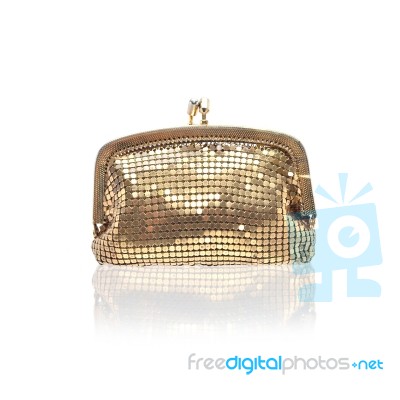 Golden Coin Purse Isolated On White Stock Photo