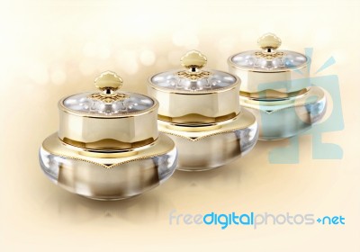 Golden Crown Cosmetic Jar On Glitter Background Stock Photo