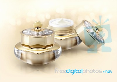 Golden Crown Cosmetic Jar On Glitter Background Stock Photo