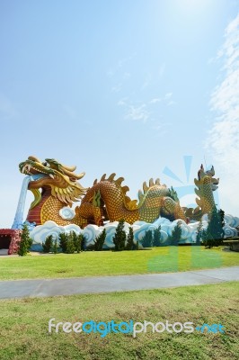 Golden Dragon Statue In Suphan Buri, Thailand Stock Photo