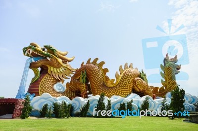 Golden Dragon Statue In Suphan Buri, Thailand Stock Photo