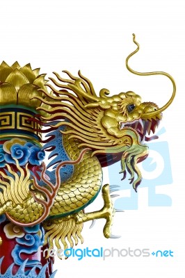 Golden Dragon Statue On White Background Stock Photo