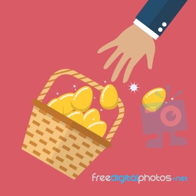 Golden Eggs In Basket Slipped Out Of The Hand Stock Image