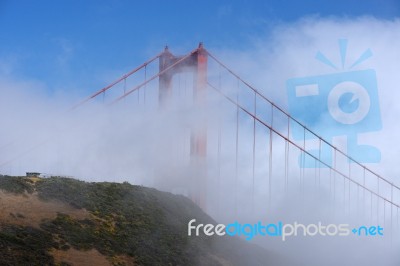 Golden Gate In Fog Stock Photo