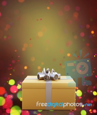 Golden Gift Box Decorated On Colorful Blurred Lights Background Stock Image