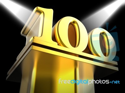 Golden One Hundred On Pedestal Shows Century Anniversary Or Reco… Stock Image